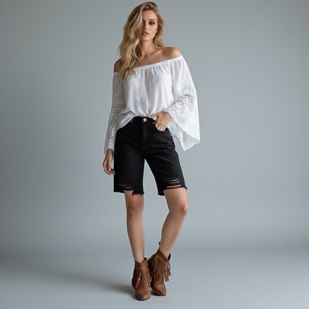 New POL Black Denim Distressed Bermuda Shorts High Waist Women’s Size Small VTG